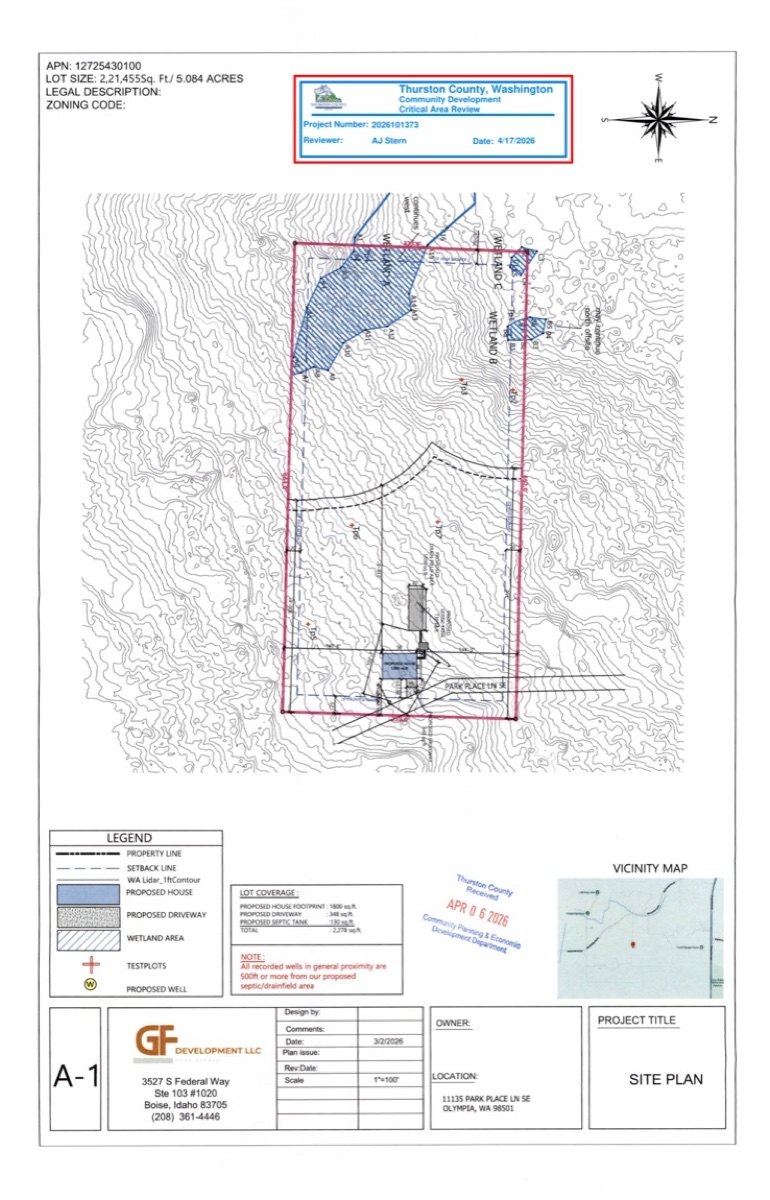County reviewed site plan showing the parcel boundary, wetlands, proposed house, driveway, septic and well